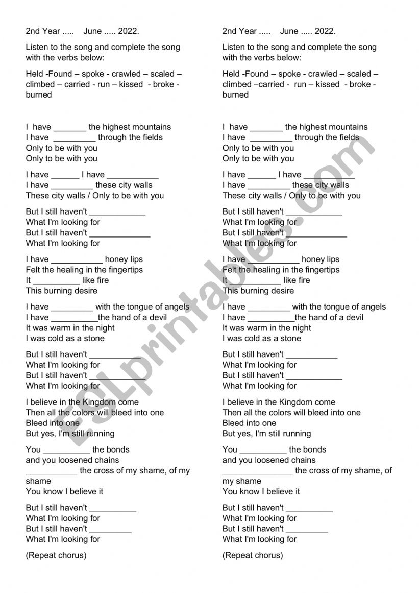 Song with Present Perfect worksheet