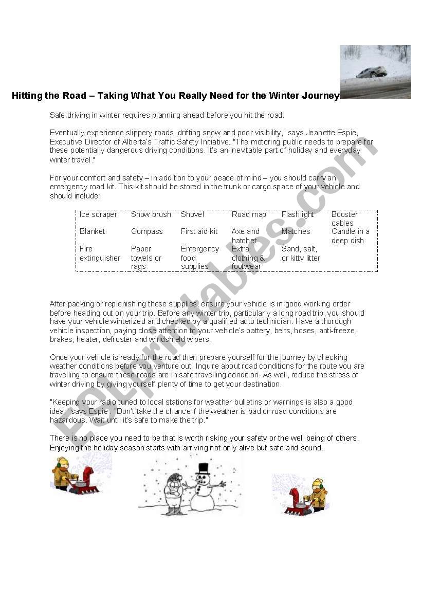 Winter Driving Safety worksheet
