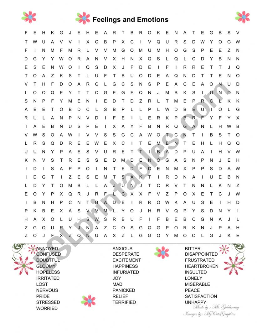 Feelings and Emotions Wordsearch