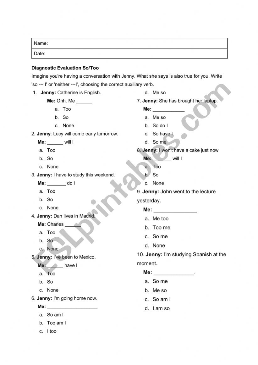 Soo - Too worksheet