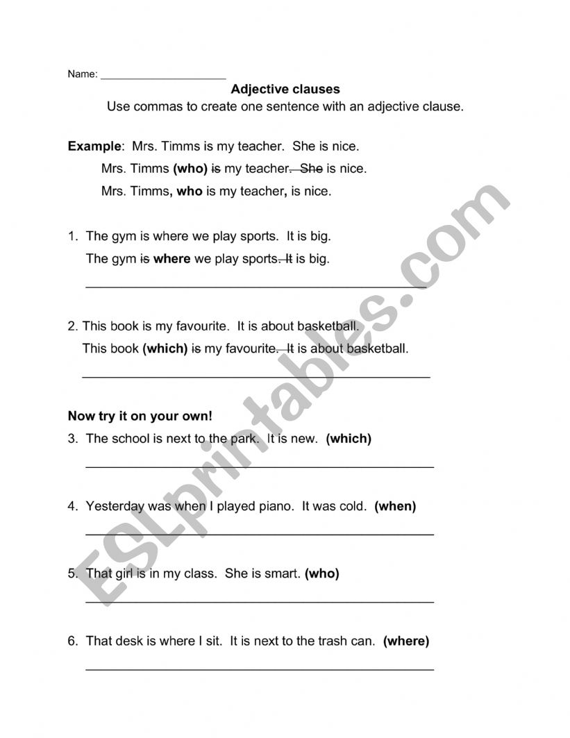 Adjective Clauses for Grade 5 worksheet