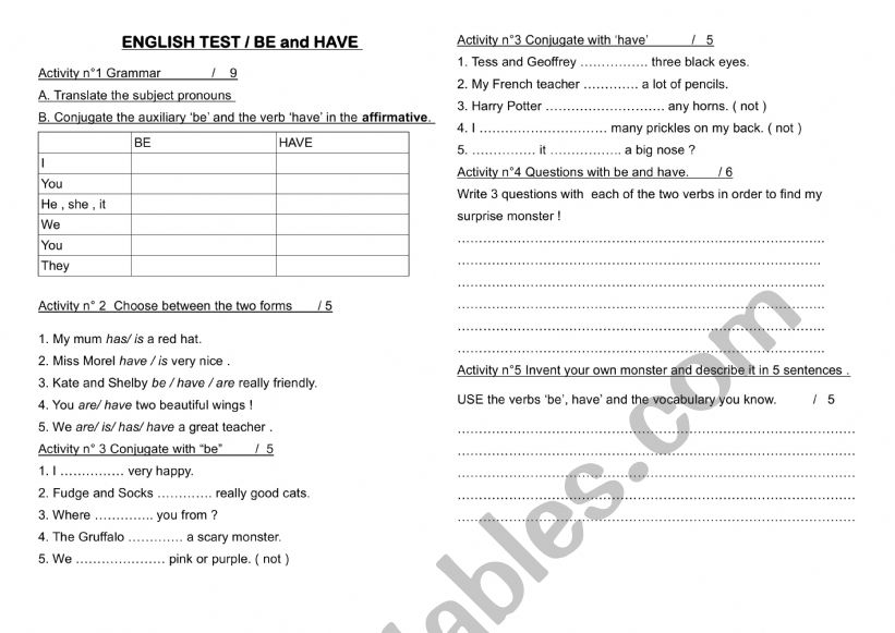 BE HAVE TEST worksheet