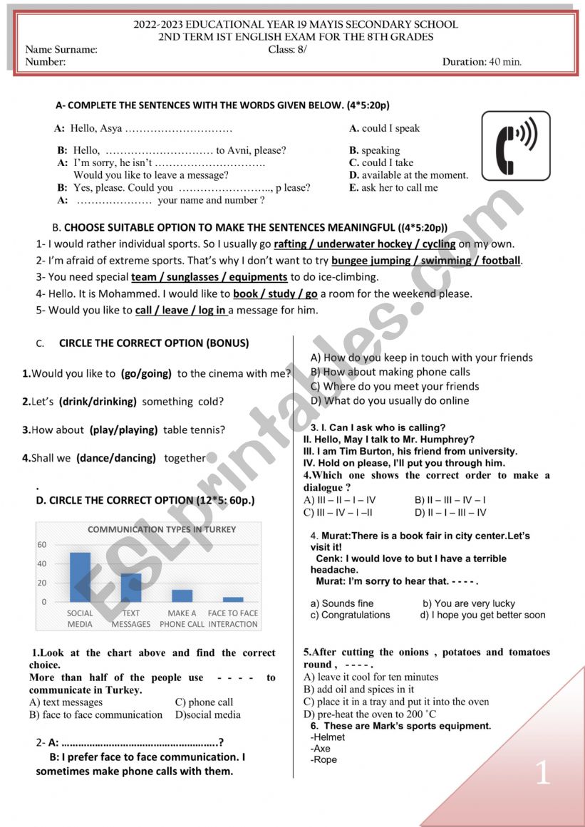 The exam for the 8th graders-Internet/Advaneture/On the Phone