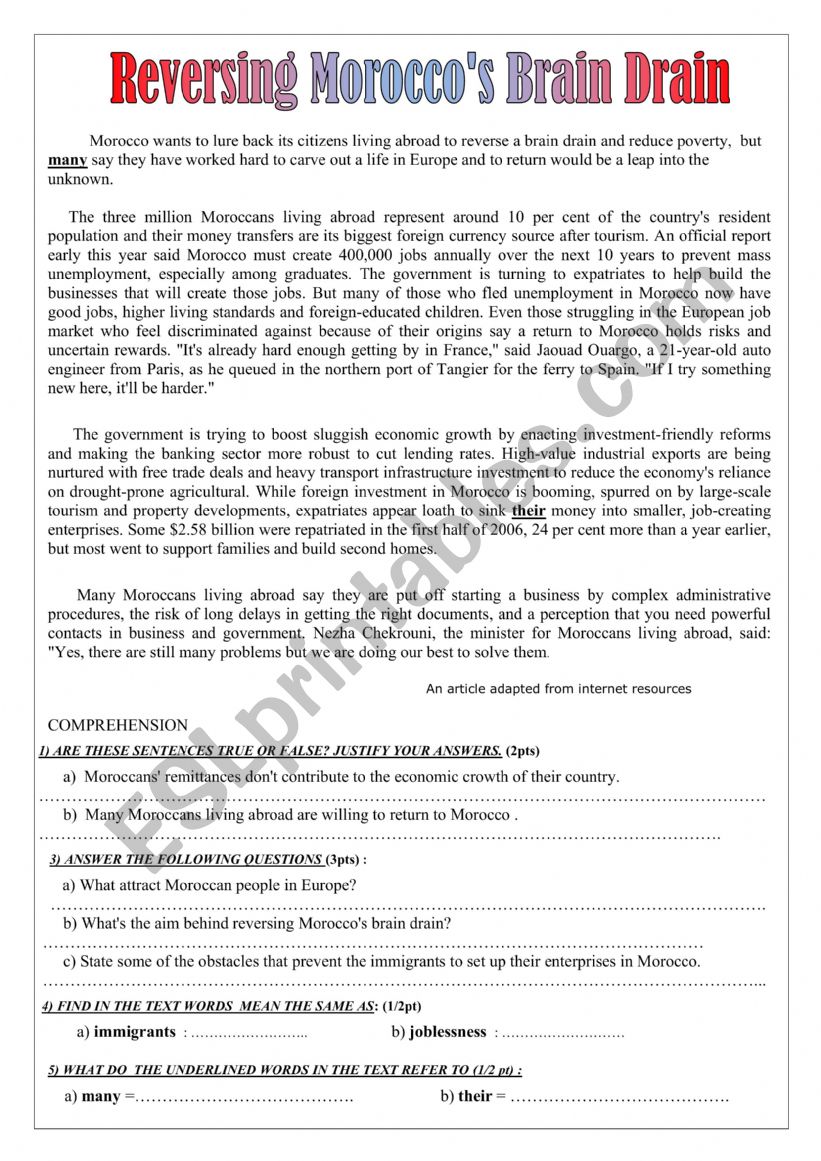 Brain drain worksheet