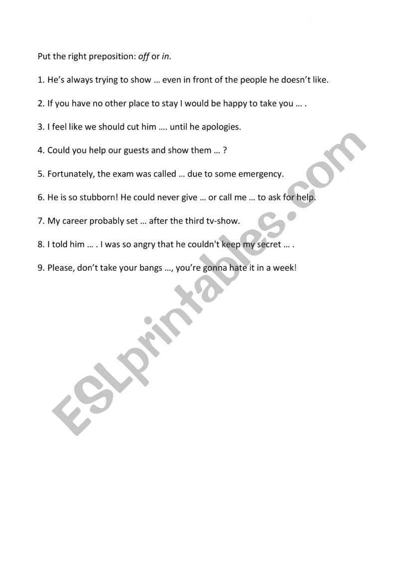 phrasal verbs with off and in worksheet