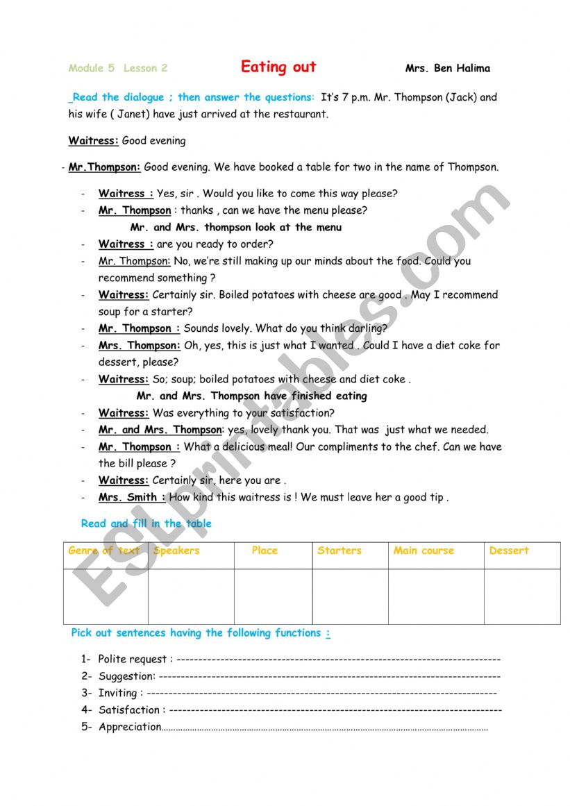 Module 5 Lesson 2 Eating Out worksheet