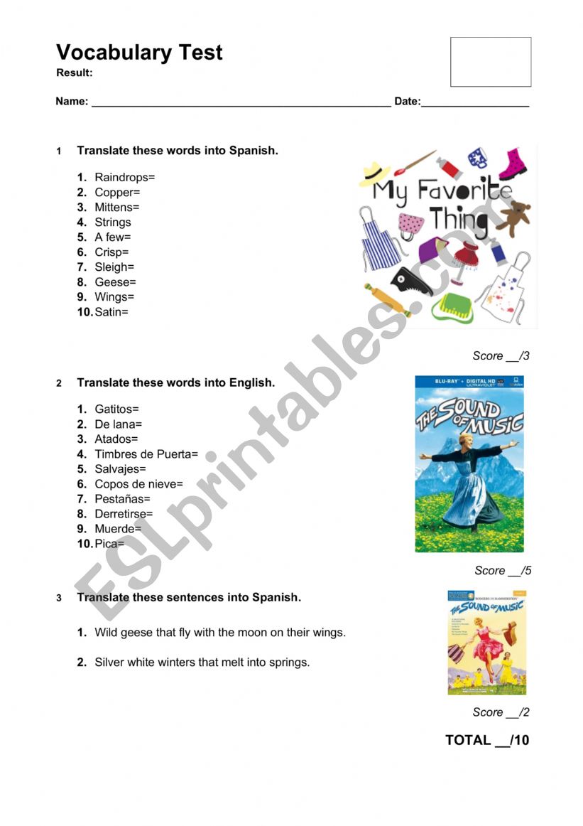 My favourite things vocabulary test