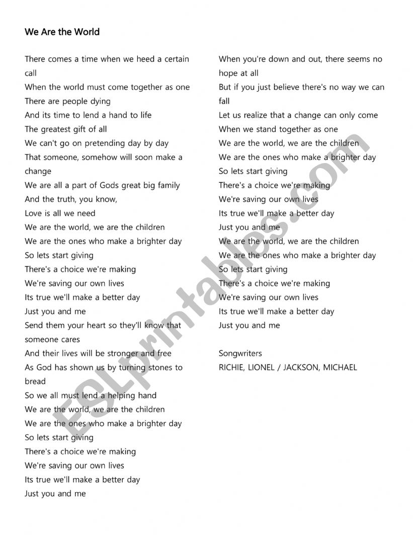 We are the World Song - Lesson Worksheet 