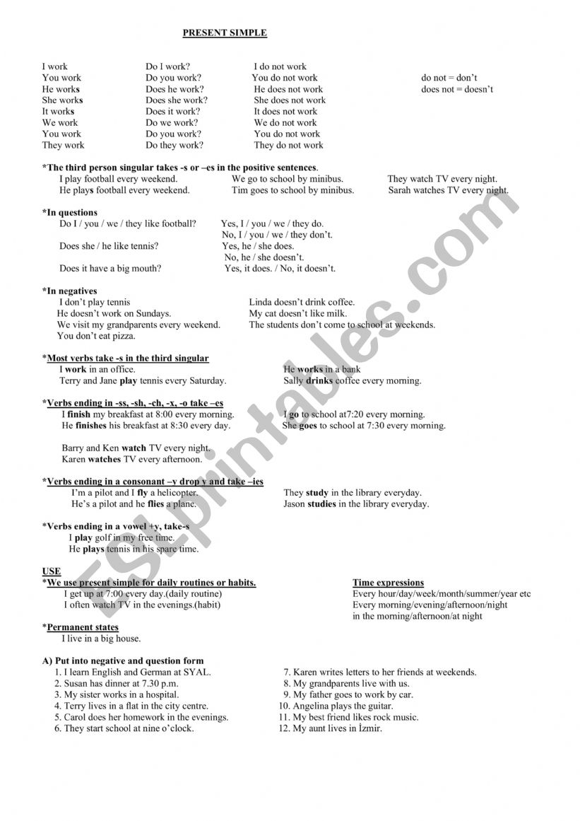 WORKSHEET PRESENT SIMPLE TENSE