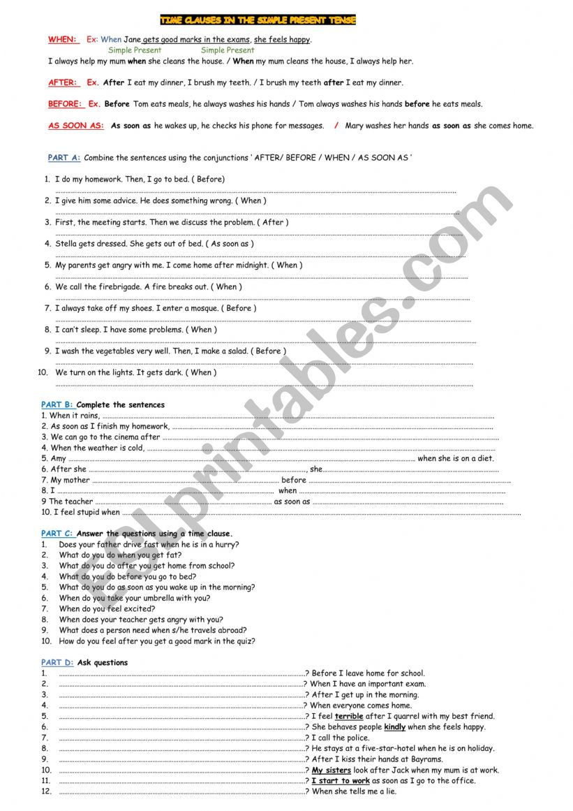 WORKSHEET TIME CLAUSES IN SIMPLE PRESENT TENSE