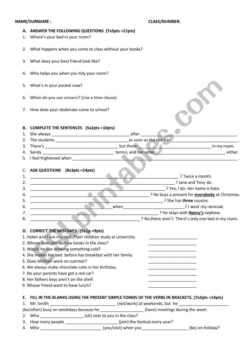 QUIZ (SIMPLE PRESENT TENSE) worksheet