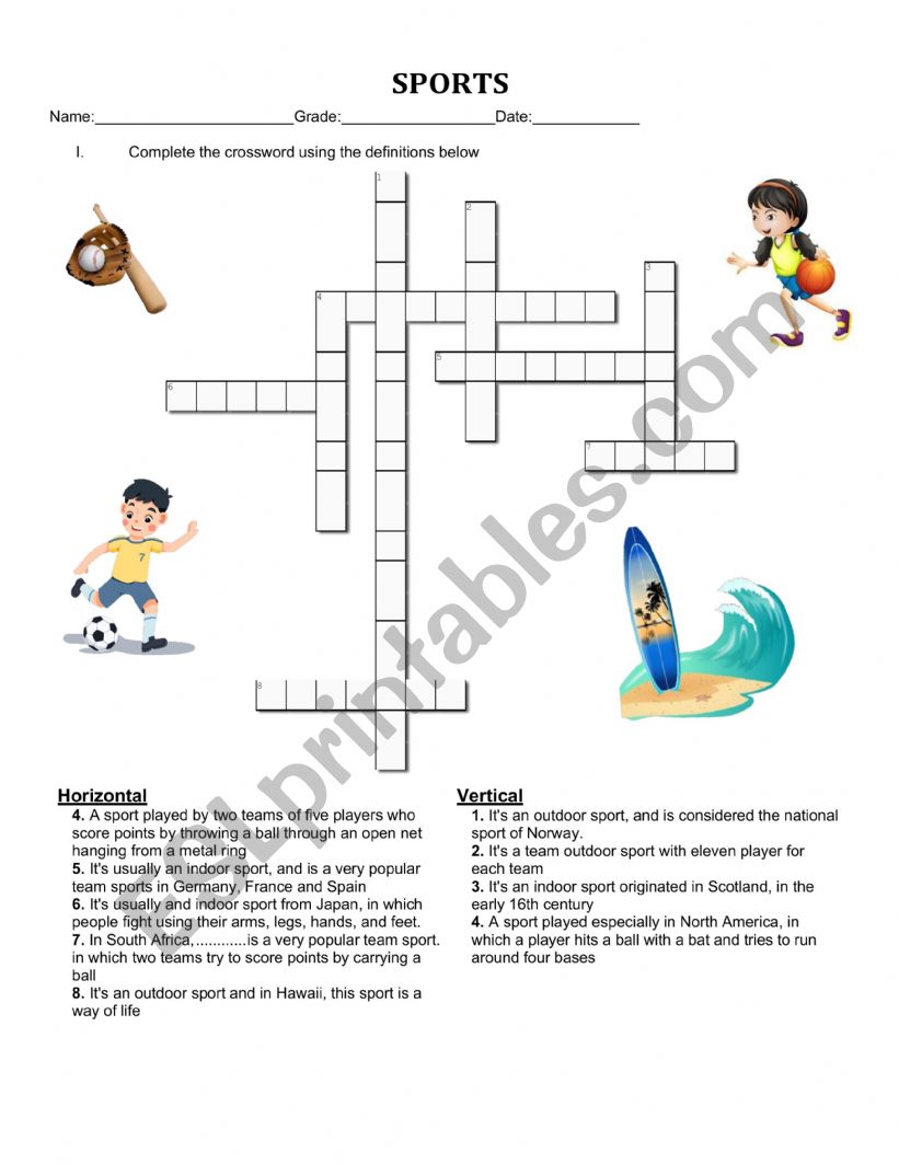 Sports crossword worksheet