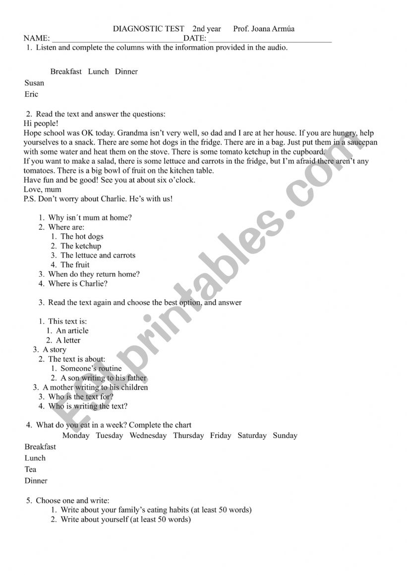 diagnostic test 2nd grade food
