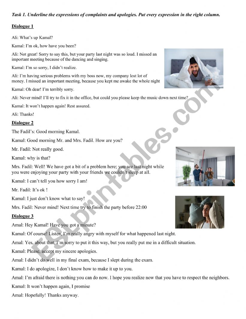 Apologies and complaints worksheet