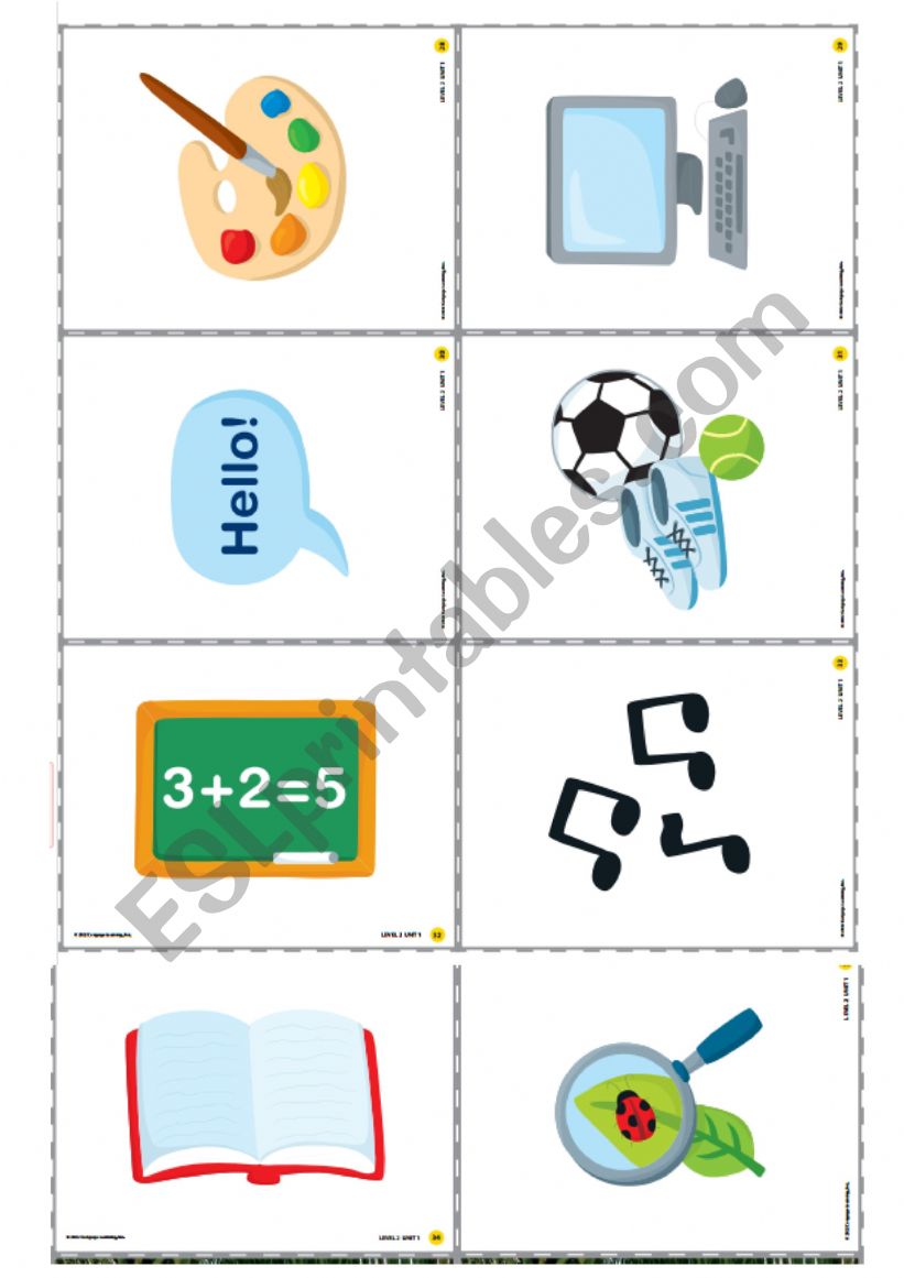 School Subject Cards worksheet
