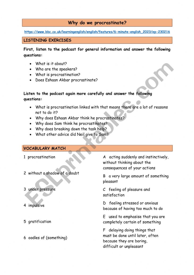 Why do we procrastinate? worksheet