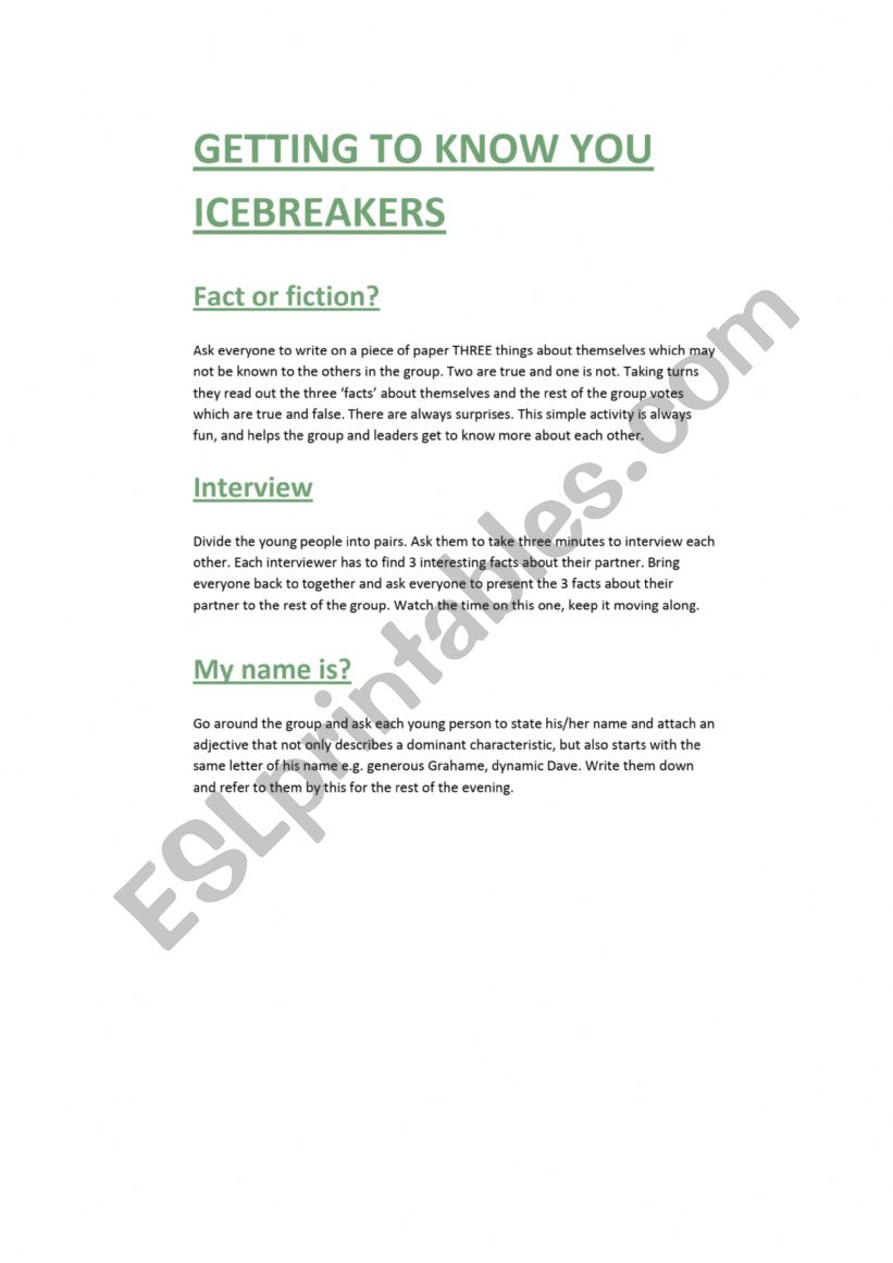 Icebreakers worksheet