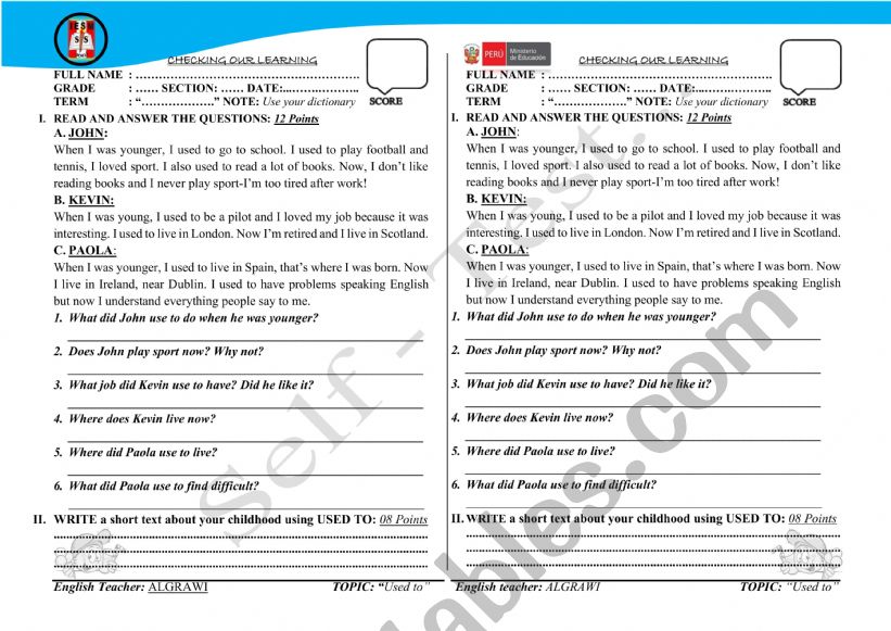 USED TO - Let�s practice. worksheet