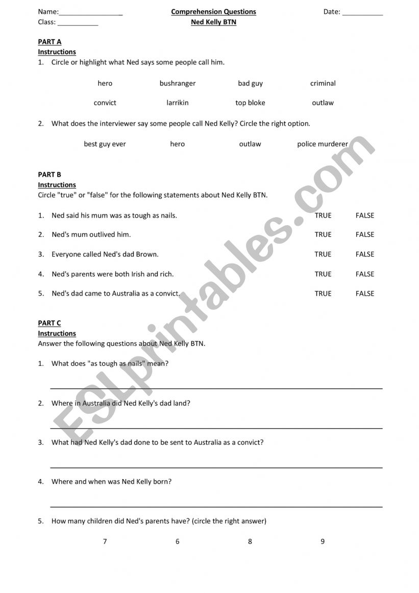 Ned Kelly Q and A worksheet
