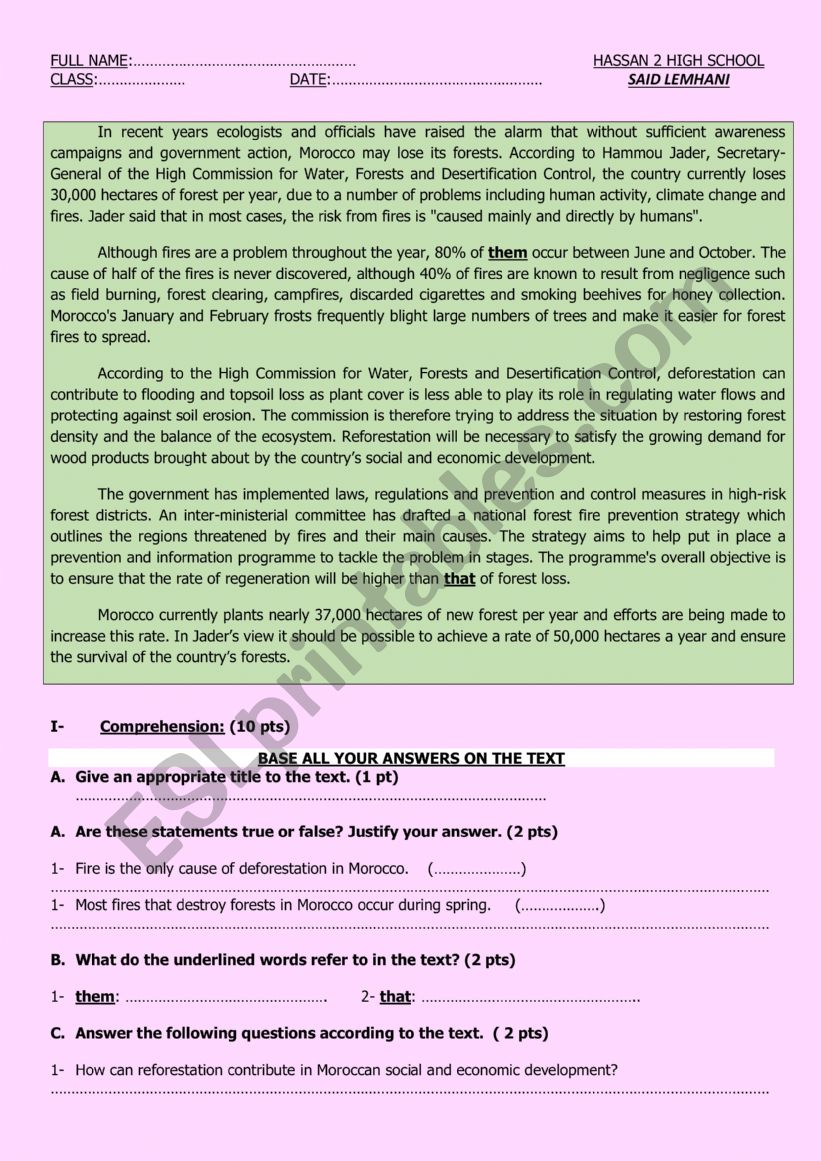 READING AND LANGUAGE TEST worksheet