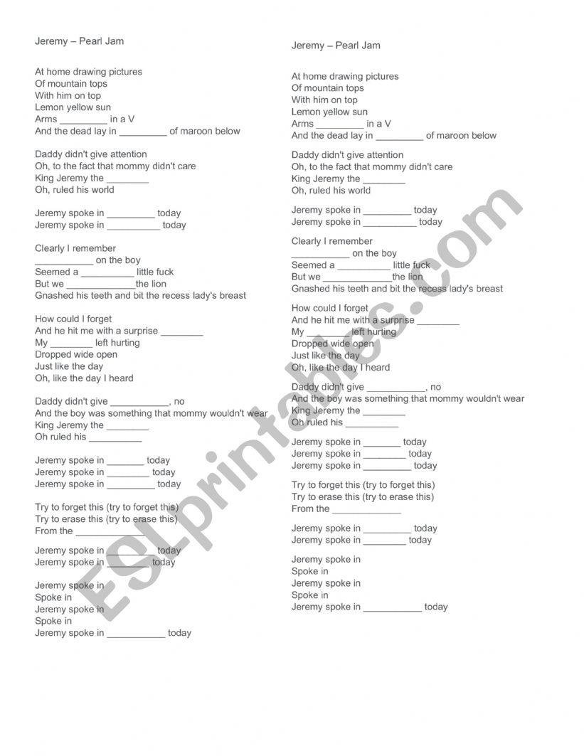 Jeremy Pearl Jam - Bullying worksheet