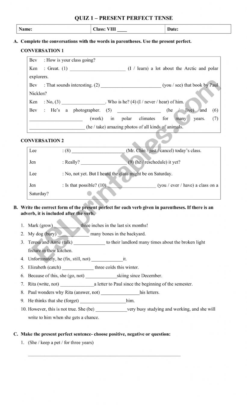 QUIZ 1 - PRESENT PERFECT worksheet