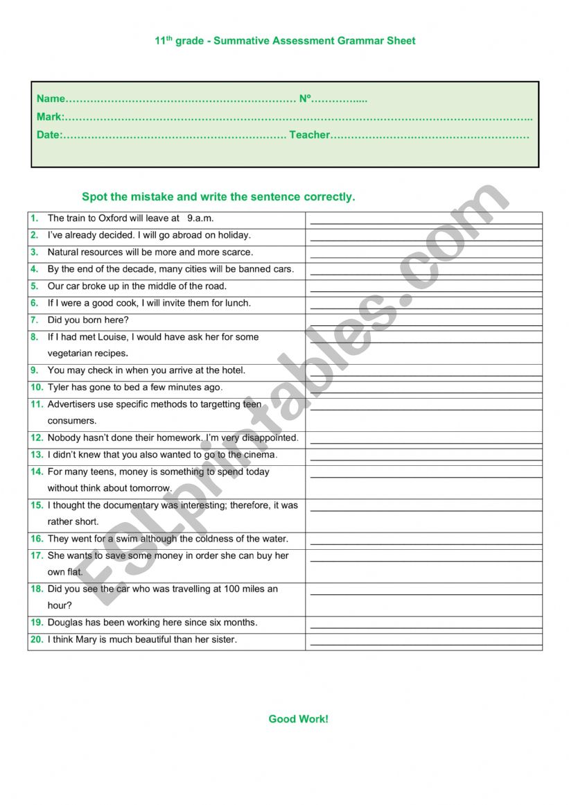 Sumative Assessment  Grammar Sheet