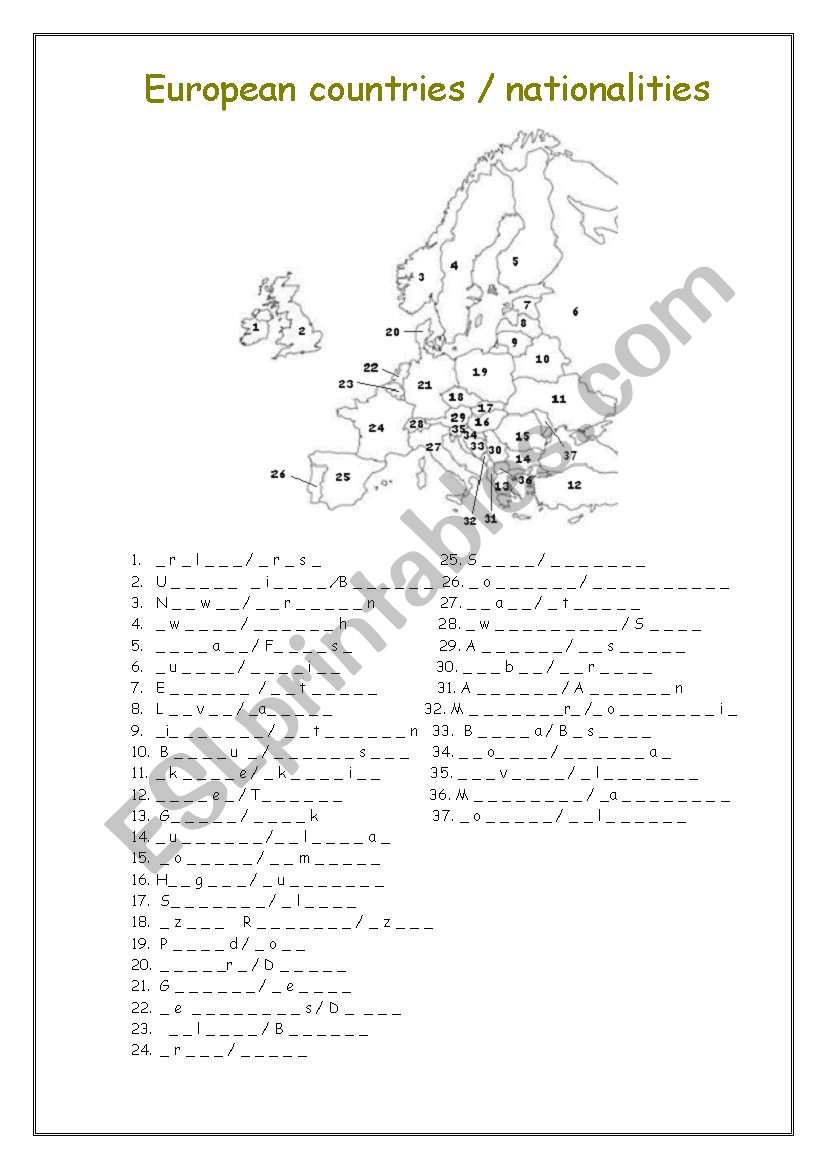 European countries worksheet