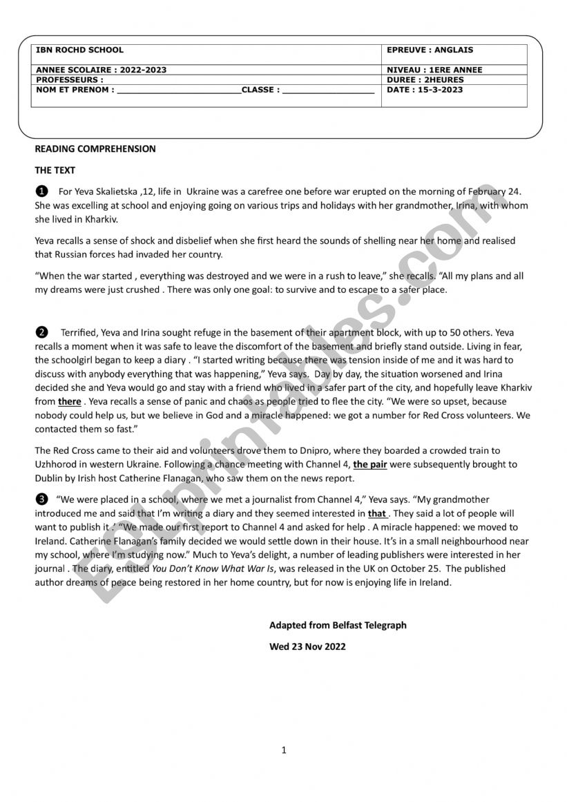 Full-term test 2 1st form worksheet