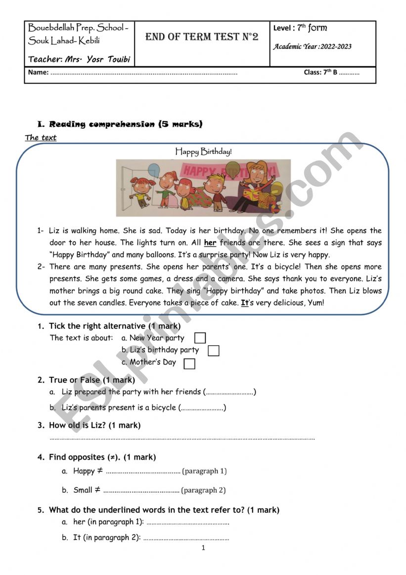 End of term test n2 - 7th form (Tunisia)