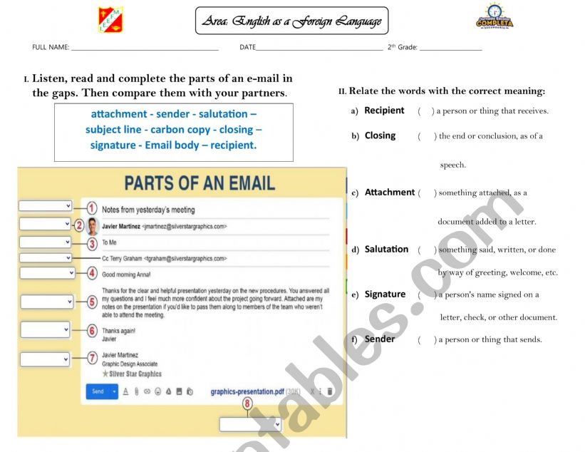 PART OF AN E-MAIL worksheet
