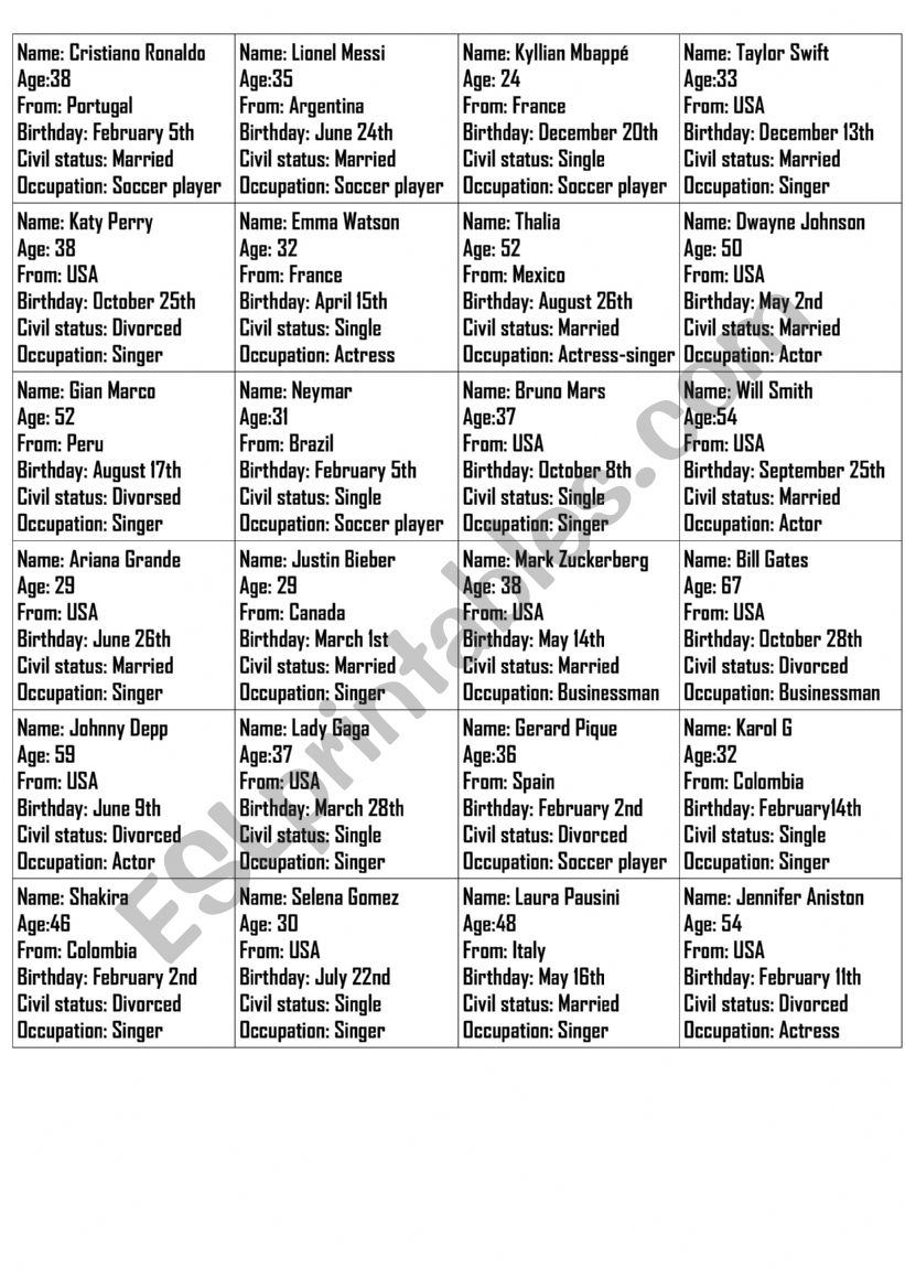 personal infor,ation worksheet