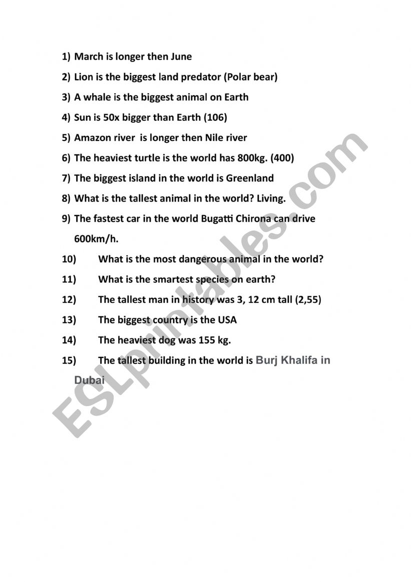 Comperative quiz worksheet