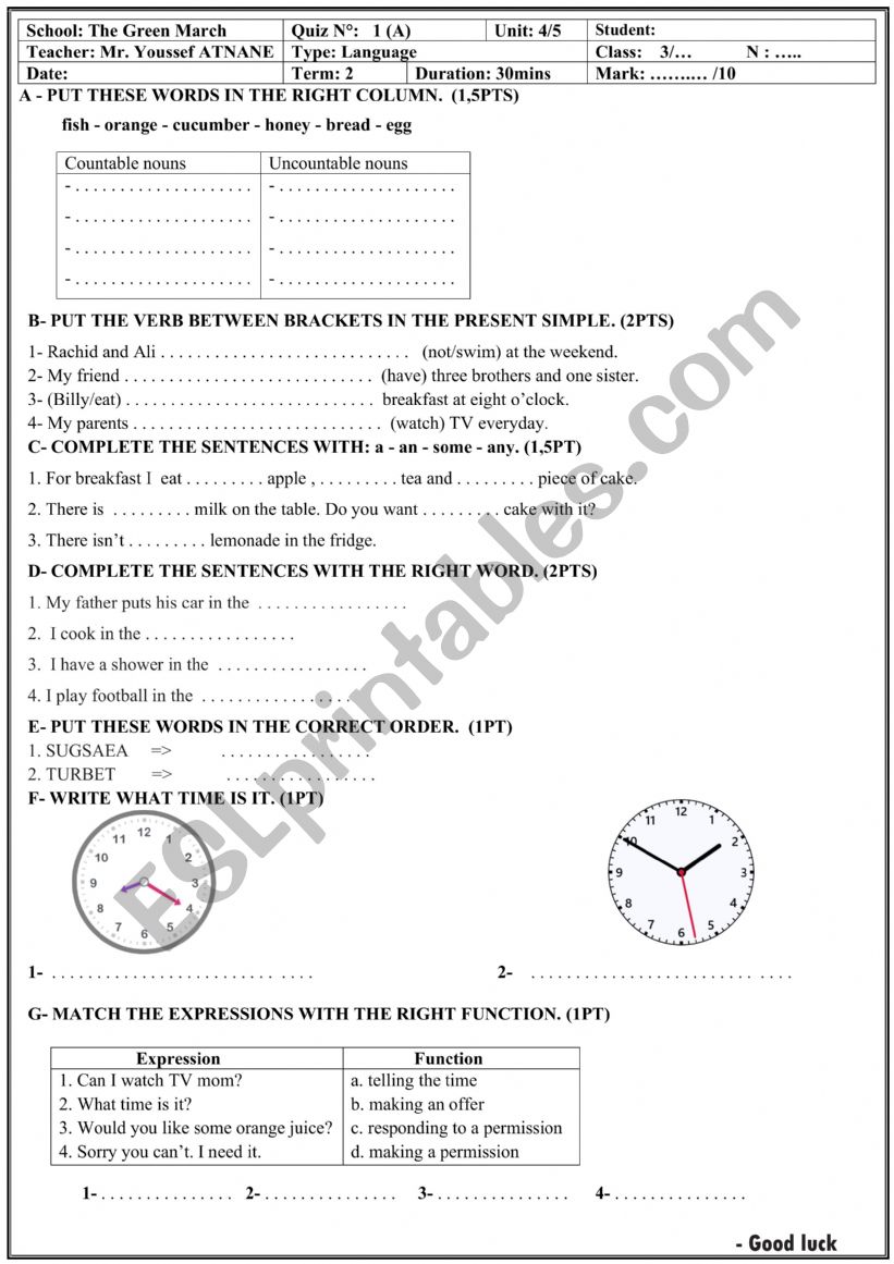 Quiz for third grade worksheet