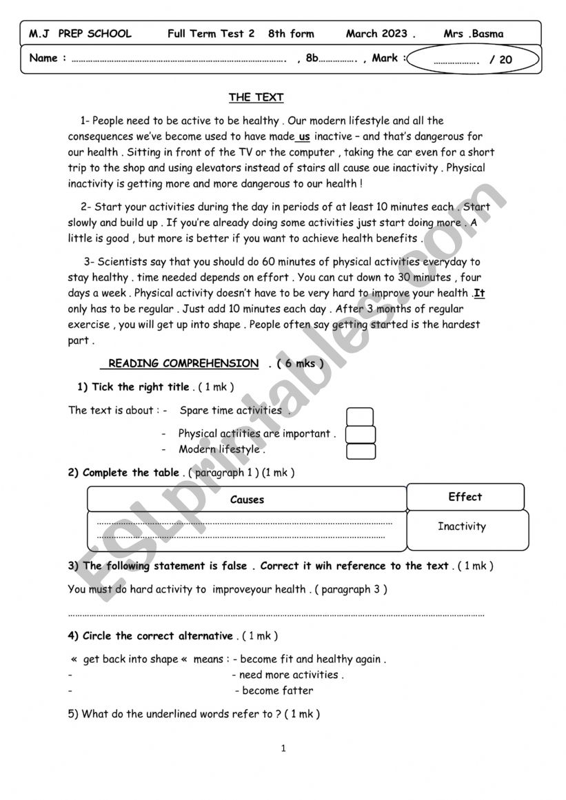 full term test 2 8th form  worksheet