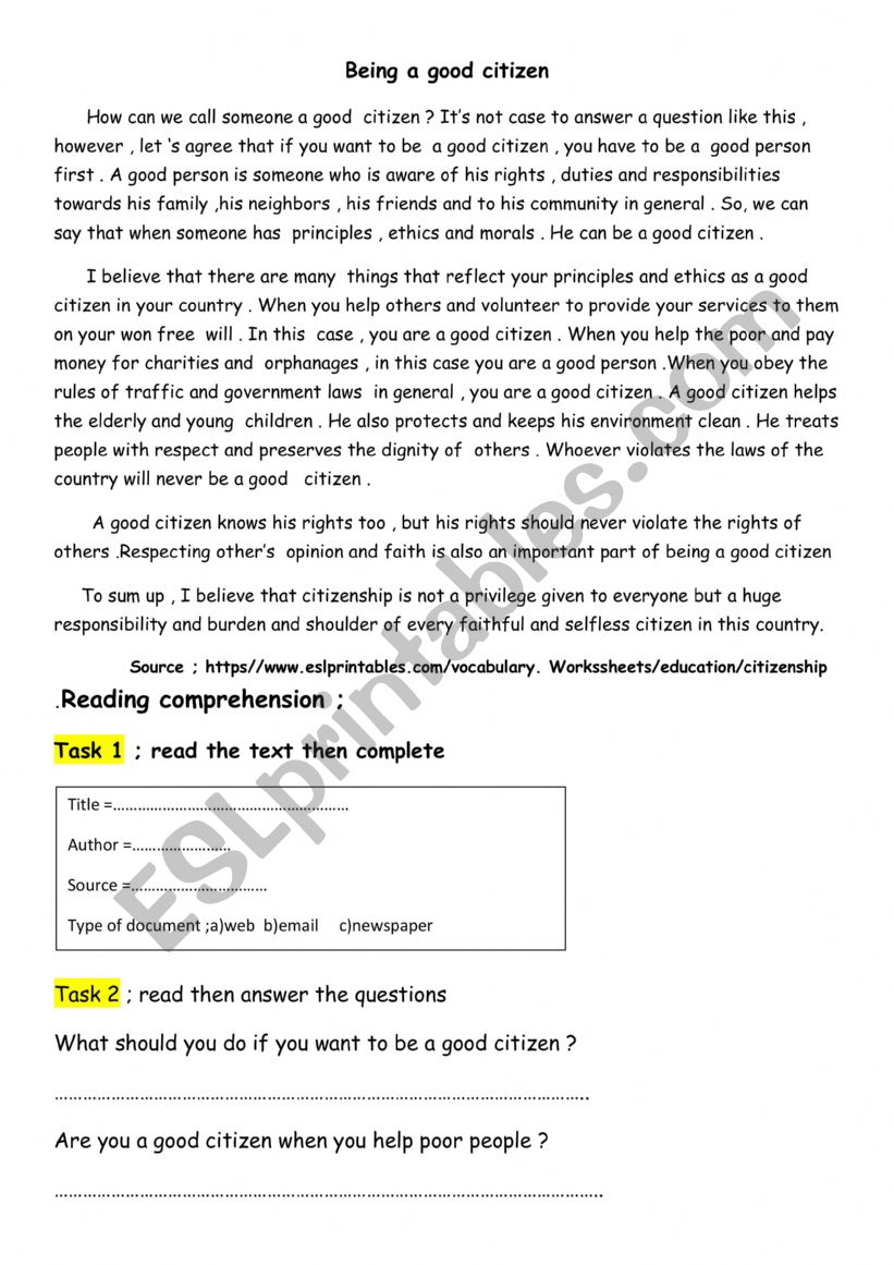 Citizenship Reading Text worksheet