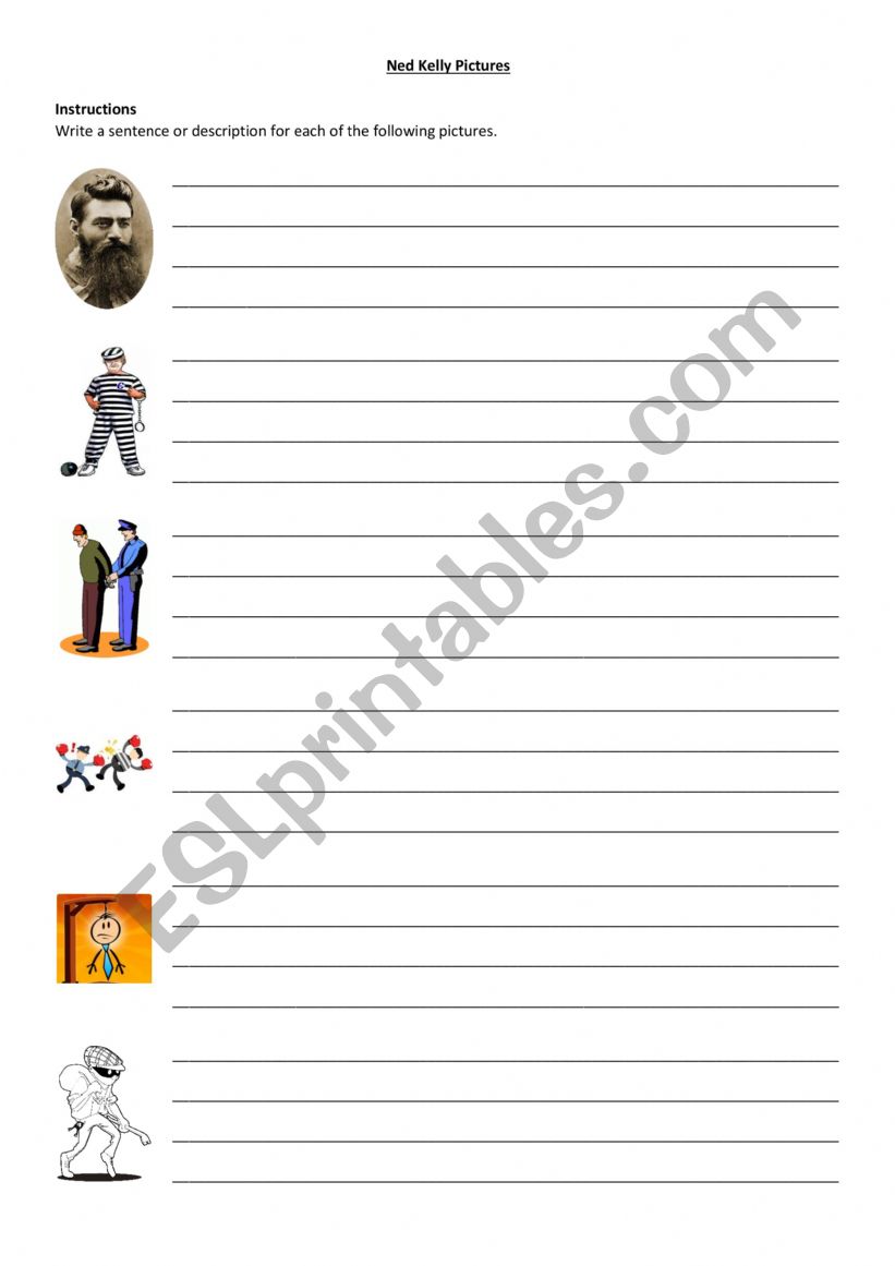 Ned Kelly write pictures worksheet