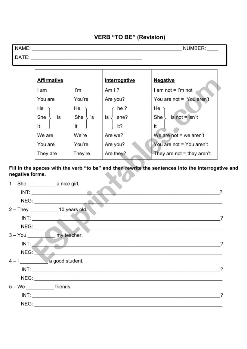 TO BE worksheet