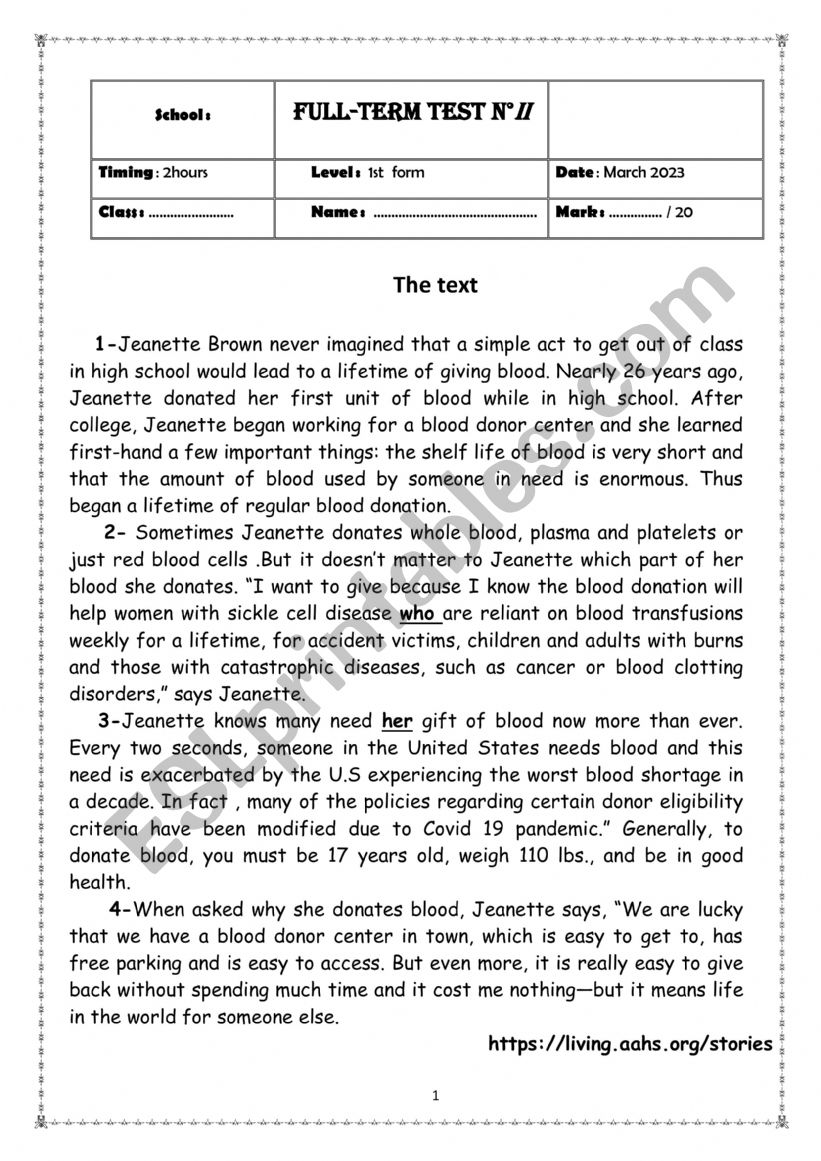 reading comprehension about blood donation