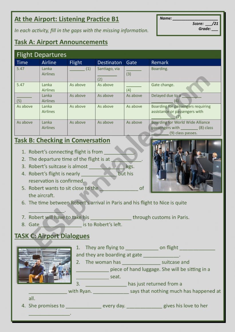 At the airport listening practice b1 esl worksheet by travelenglish