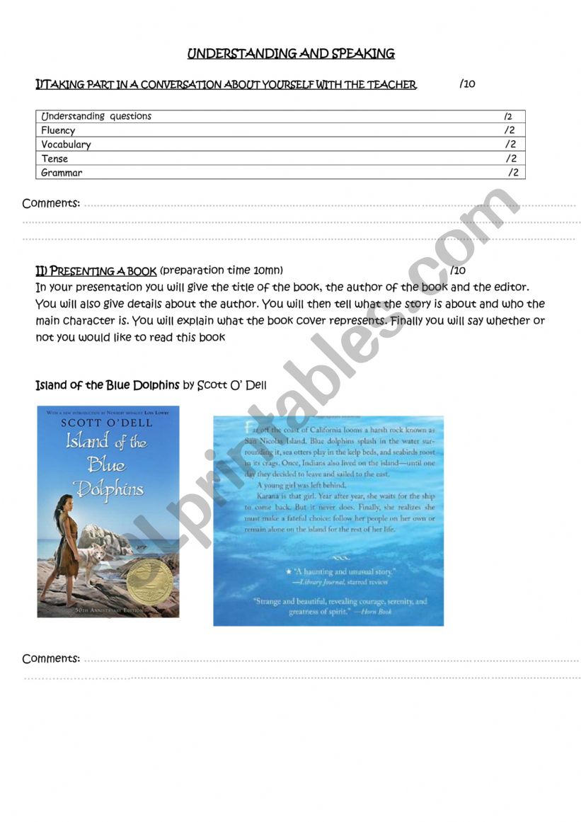 Oral presentation of a book worksheet