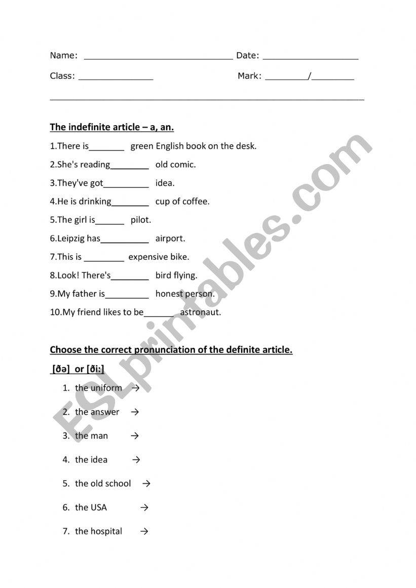 The articles / the alphabet worksheet