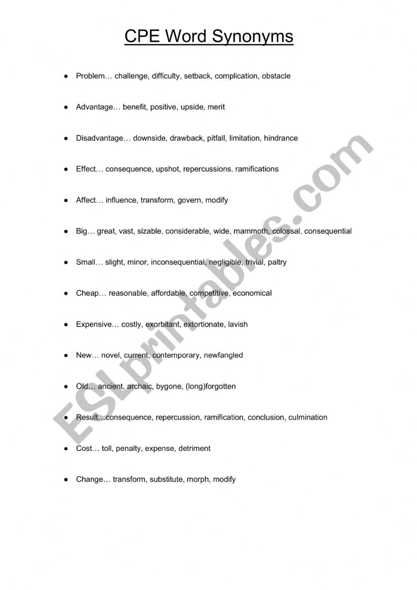 CPE C2 Word Synonyms worksheet