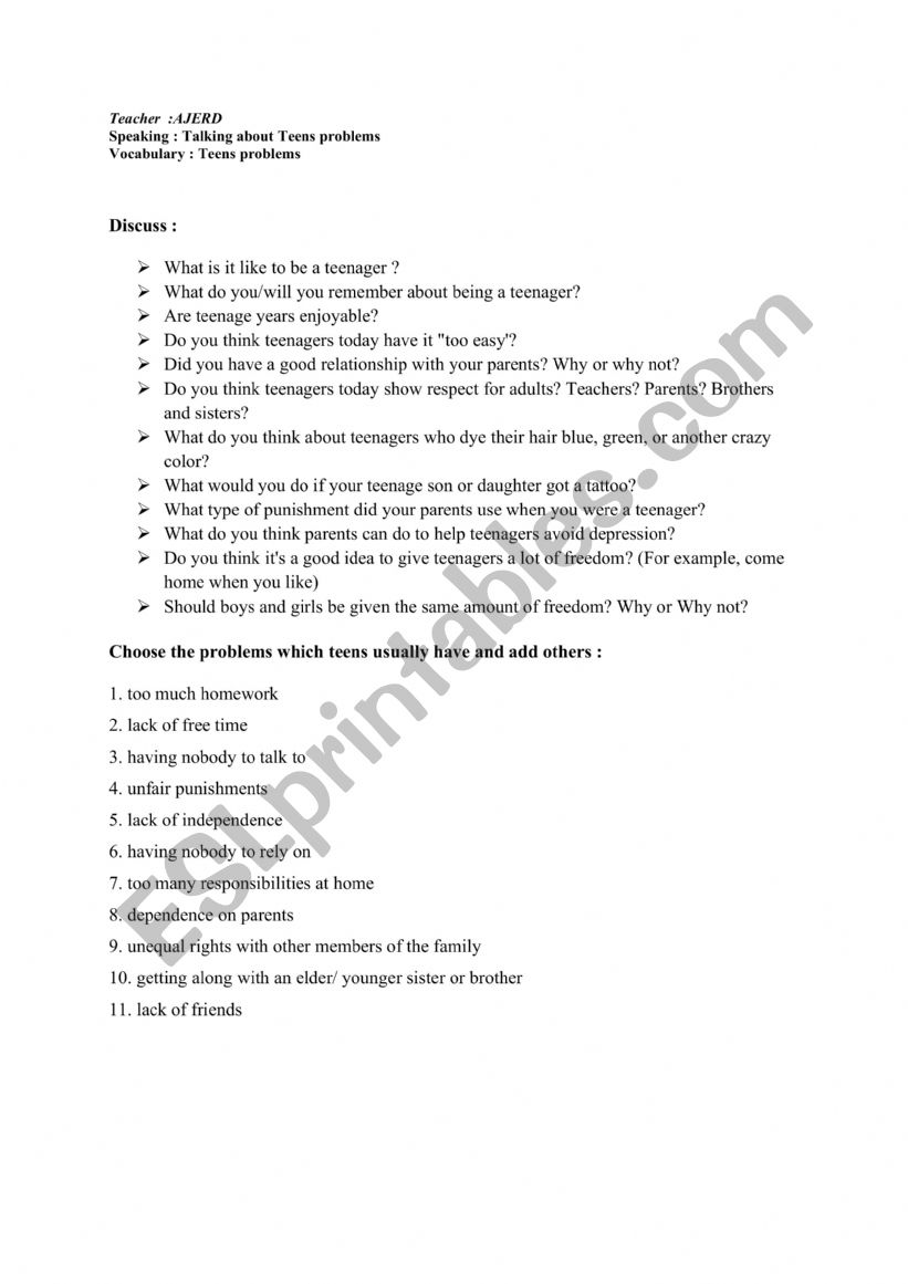 Teens problems worksheet