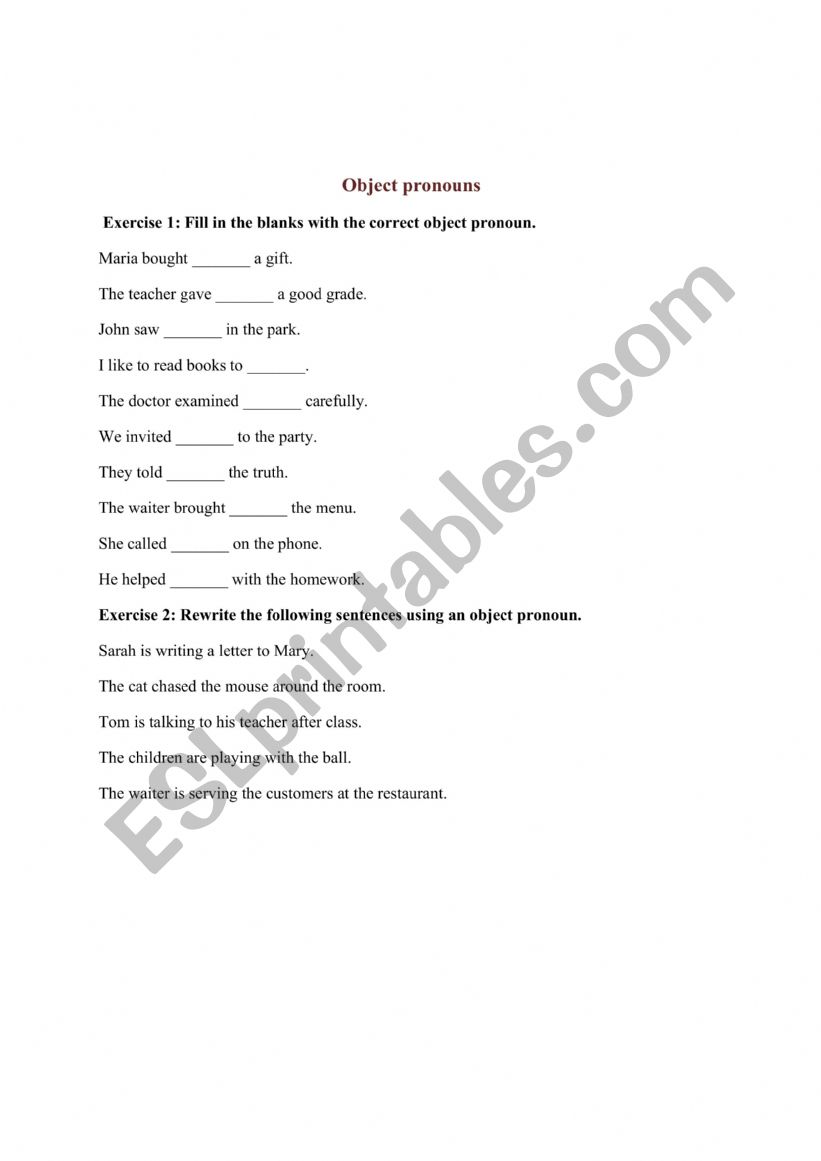 Object pronouns worksheet