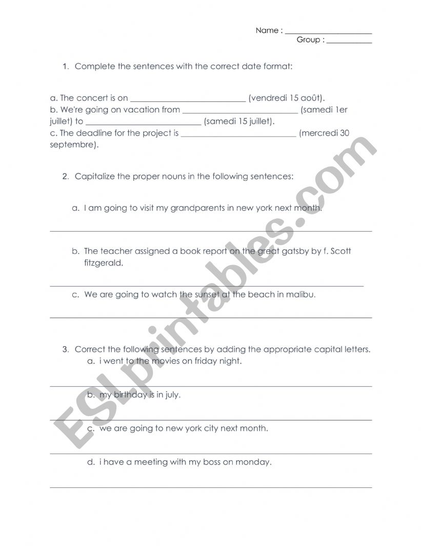 Dates and capital letters worksheet