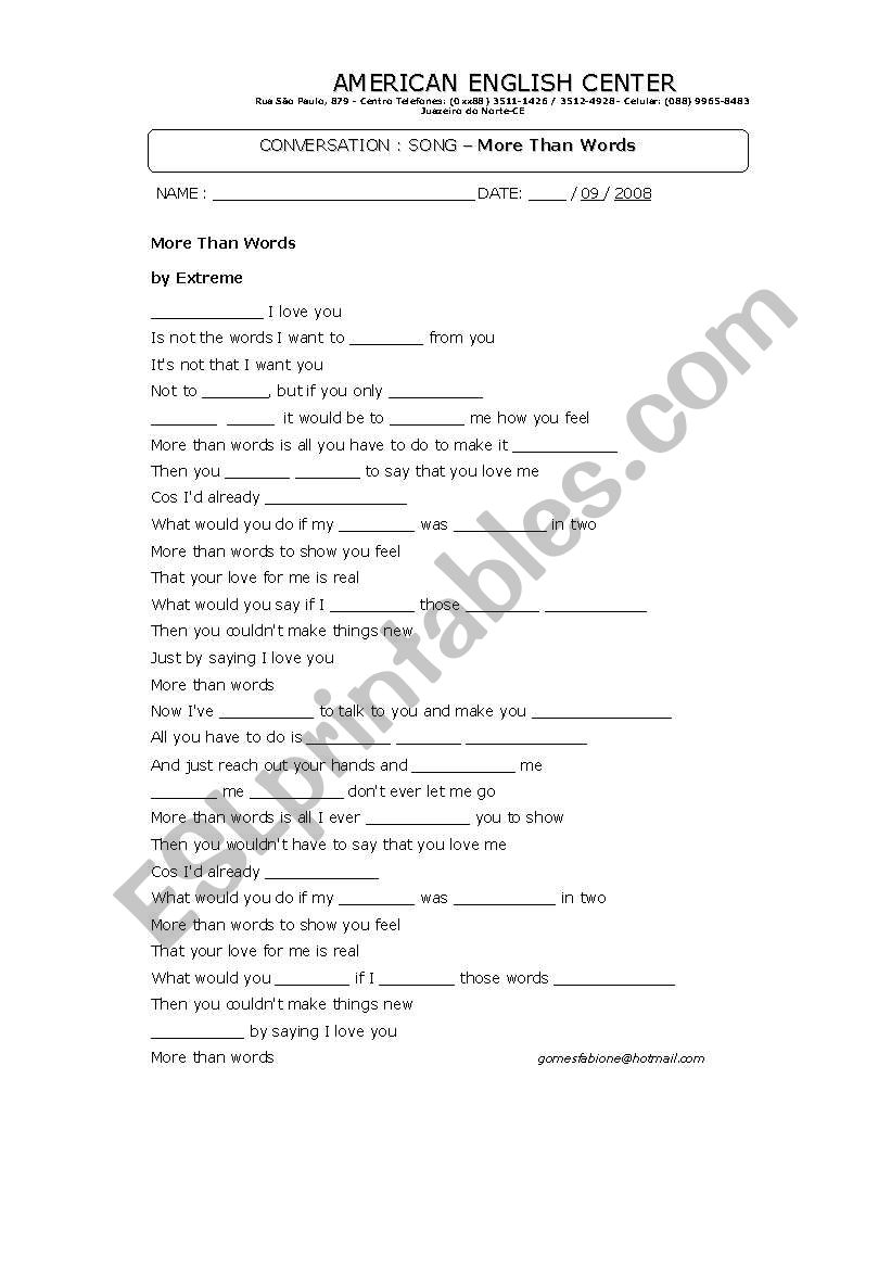 Song Worksheet:  More Than Words by Extreme