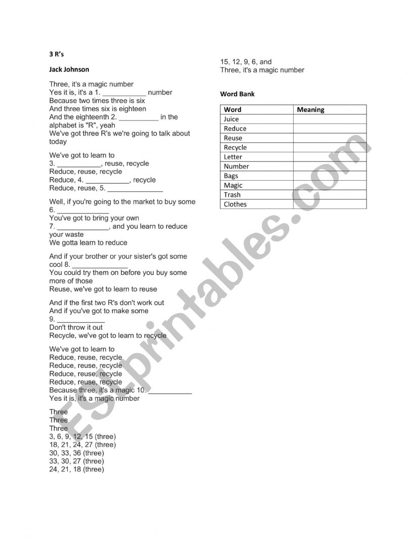 3 R�s Song Reduce, Reuse, Recycle - Jack Johnson - ESL worksheet ...