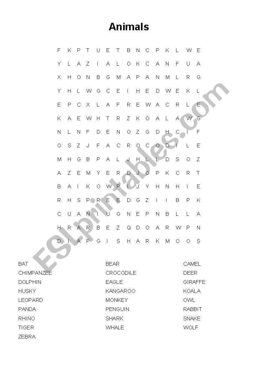 Animals crossword puzzle worksheet
