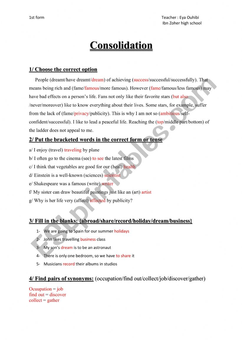 consolidation 1Ã¨re annÃ©e worksheet